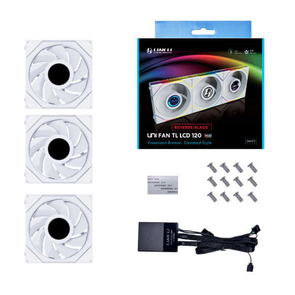 Lian Li UNI Fan TL LCD RGB 120mm Reverse Blade White Cabinet Fan, Triple Pack